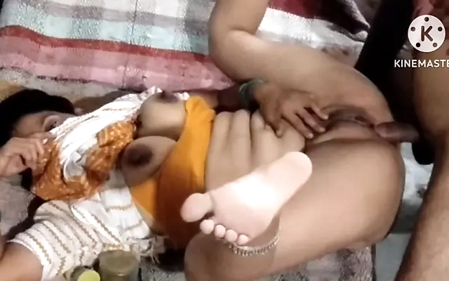 Wife in pajamas fucks a friend in silence while her husband is in the room